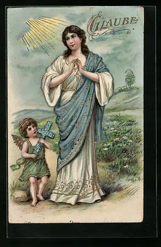 Präge-AK Allegorie von Glaube, geistliche Frau mit Engel