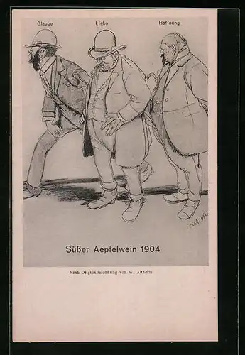 AK Allegorie von Glaube, Liebe und Hoffnung als Männer, Liebe und Hoffnung sind beträchtlich dicker als Glaube