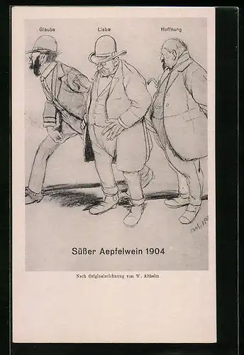 AK Allegorie von Glaube, Liebe und Hoffnung als Männer, Liebe und Hoffnung sind beträchtlich dicker als Glaube