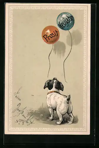 Präge-AK Kleiner Hund schaut Luftballons nach, Neujahrsgruss