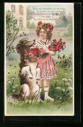 Präge-AK Fräulein und grosser Hund mit Blumenkorb