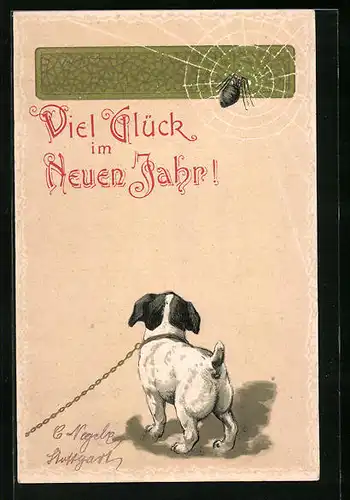 Präge-AK Neujahrsgrüsse mit Spinne und Hundewelpen