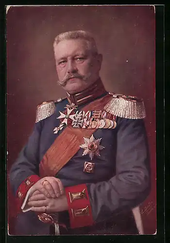 Künstler-AK Generalfeldmarschall Paul von Hindenburg in Uniform mit Ordenspange