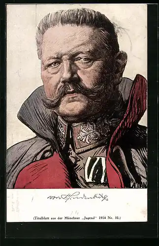 Künstler-AK Paul von Hindenburg in Uniform mit hohem Mantelkragen