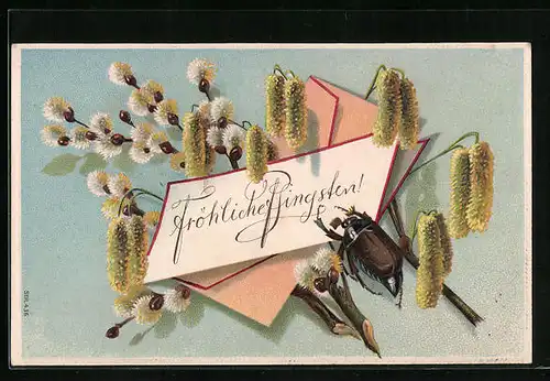 Präge-AK Maikäfer auf Weidenzweigen