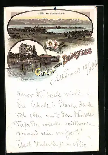 Lithographie Bad Schachen, Hotel am Bodensee, Lindau vom Aussichtsturm