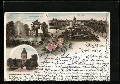 Lithographie Karlsruhe, Schlossthurm, Schlossgartensee
