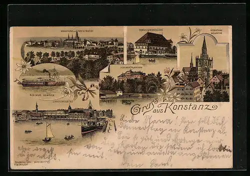 Lithographie Konstanz, Ortsansicht von der Seestrasse, Münster, Landungssteg
