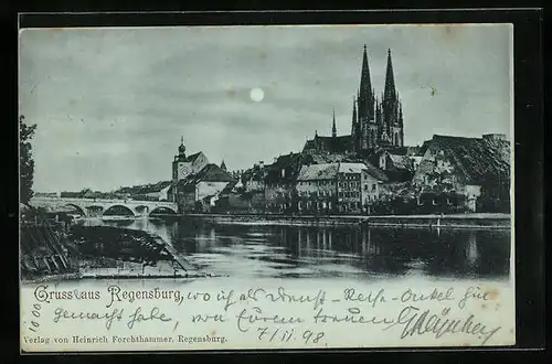 Mondschein-AK Regensburg, Blick auf Brücke und Stadt