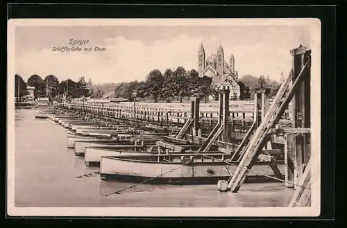 AK Speyer, Schiffbrücke mit Dom