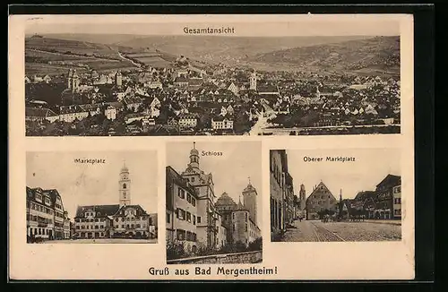 AK Bad Mergentheim, Marktpaltz mit Geschäften, Oberer Marktplatz mit Brunnen, Schloss