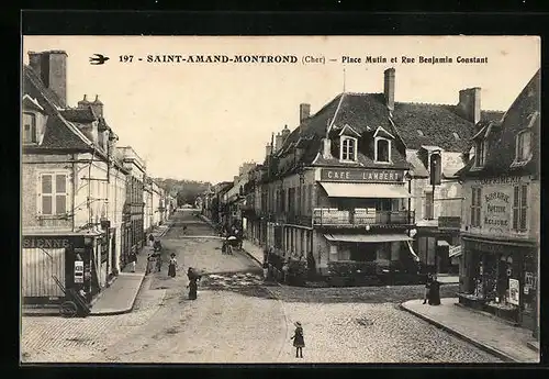 AK Saint-Amand-Montrond, Place Mutin et Rue Benjamin Constant