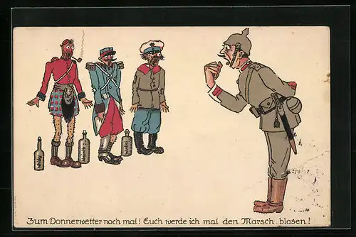 AK Deutscher Soldat bläst Feinden den Marsch