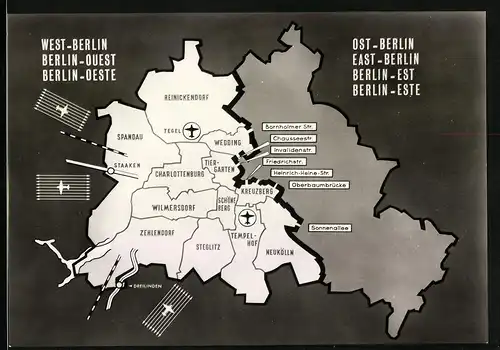Fotografie unbekannter Fotograf, Ansicht Berlin, Westberlin mit Verbindungsrouten & Grenzübergängen, Landkarte