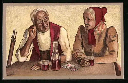 Künstler-AK Schweizerischer Schützenverein 1924, Alter Schütze am Tisch