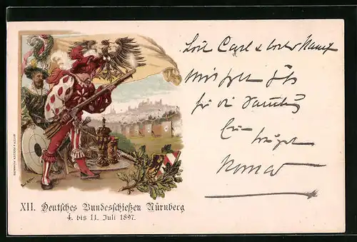 Lithographie Nürnberg, XII. Deutsches Bundesschiessen 1897. Schütze vor der Stadt, Ganzsache