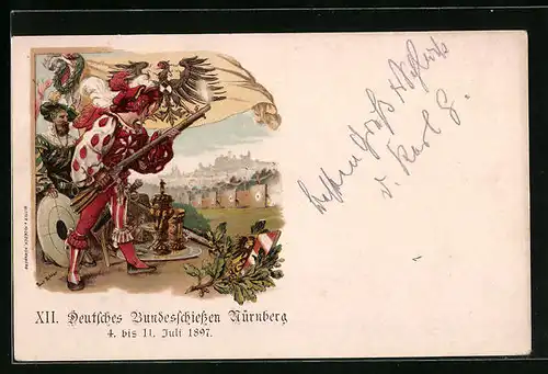 Lithographie Nürnberg, XII. Deutsches Bundesschiessen 1897. Schütze vor der Stadt, Ganzsache