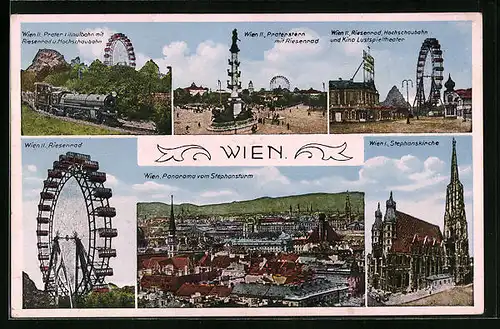 AK Wien, Prater, Riesenrad mit Hochschaubahn und Kino, Liliputbahn