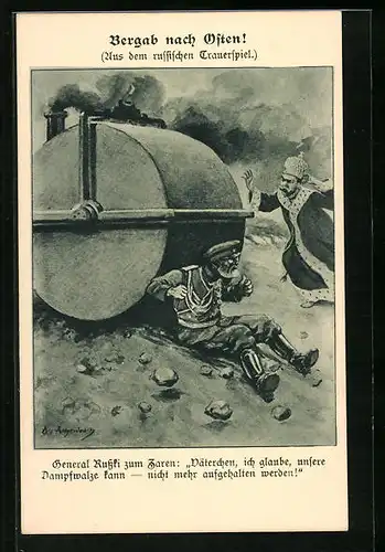 Künstler-AK Bergab nach Osten!, Propaganda 1. Weltkrieg über Nikolaus II. von Russland