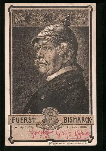 Künstler-AK Fürst Otto von Bismarck in Uniform mit Pickelhaube