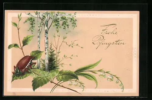 Präge-AK Maikäfer und Maiglöckchen, Pfingstgruss