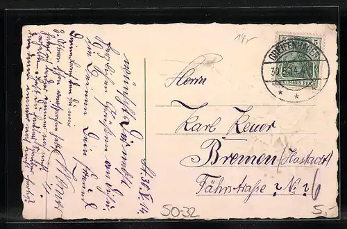 Präge-AK Maikäfer auf Birkenzweig, Pfingstgruss