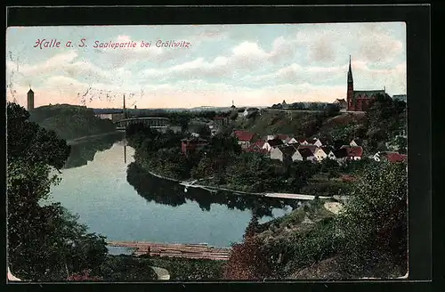 AK Halle /Saale, Flusspartie und Kirche im Hintergrund