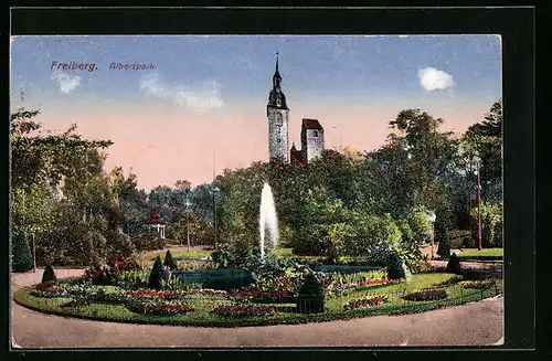 AK Freiberg, Albertspark und Kirchturm im Hintergrund