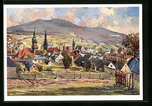 Künstler-AK Wunsiedel /Fichtelgebirge, Gesamtansicht mit Kirche