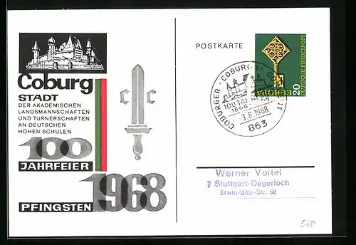 AK Coburg /Bayern, Karte zur 100. Jahresfeier Pfingsten 1968