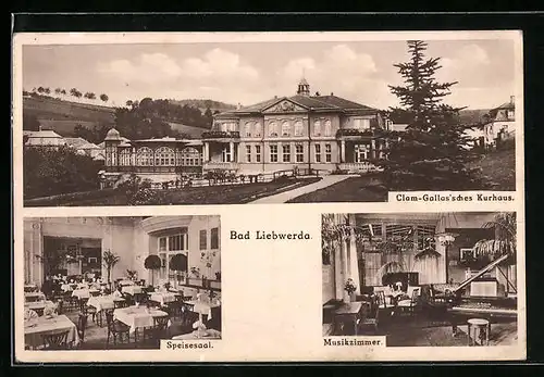 AK Bad Liebwerda / Lazne Libverda, Clam-Gallas'sches Kurhaus, Musikzimmer und Speisesaal, Innenansicht