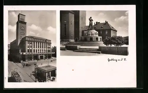 AK Gablonz / Jablonec Nad Nisou, Strassenpartie mit Rathaus