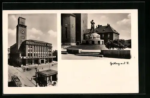 AK Gablonz / Jablonec Nad Nisou, Strassenbahn am Rathaus, Denkmal