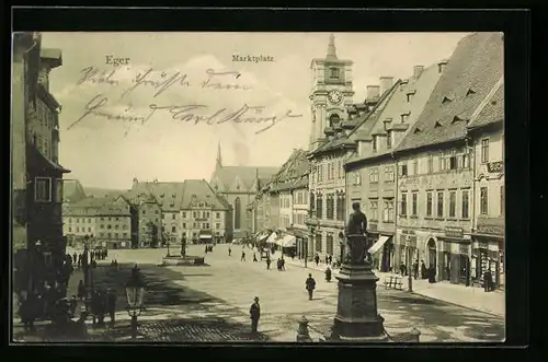 AK Eger, Marktplatz mit Denkmal