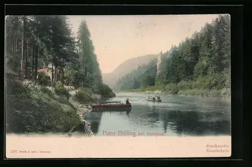 AK Hans Heiling /Karlsbad, Flusspartie mit Paddelbooten