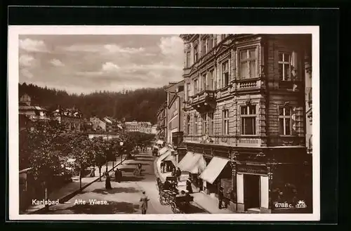 AK Karlsbad, Alte Wiese und Uhrmachergeschäft
