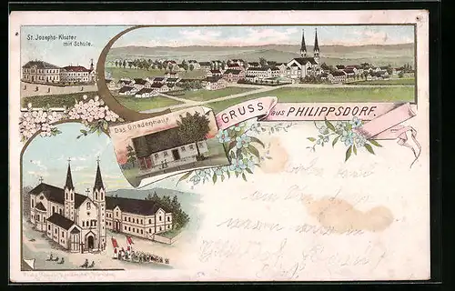 Lithographie Philippsdorf, St. Josephs-Kloster mit Schule und Gesamtansicht