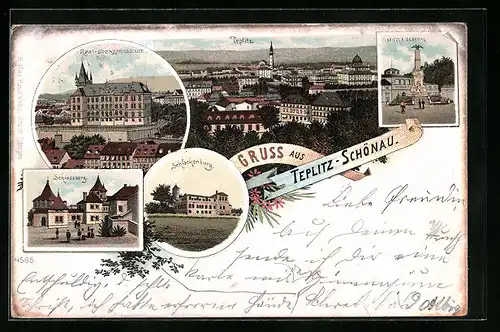 Lithographie Teplitz Schönau / Teplice, Schlackenburg, Real-Obergymnasium und Krieger Denkmal