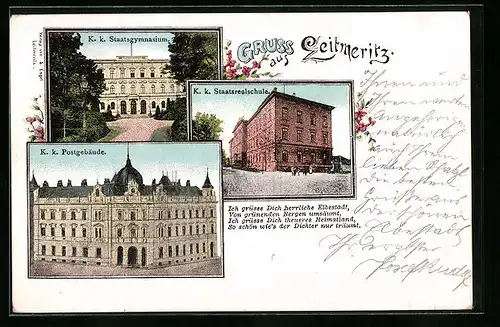 AK Leitmeritz / Litomerice, Postgebäude und Staatsgymnasium