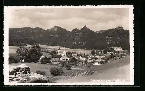 AK Dittersbach /Böhm. Schweiz, Blick in den Ort mit Bergen im Hintegrund