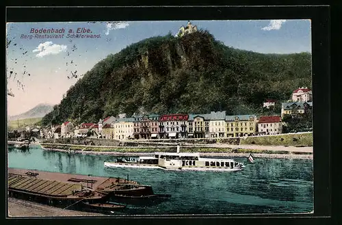 AK Tetschen-Bodenbach / Decin, Berg-Restaurant Schäferwand mit Flusspartie und Dampfer