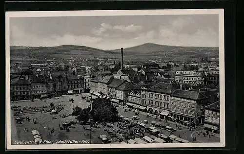 AK Leitmeritz, Blick auf Marktplatz mit Ständen beim Ring