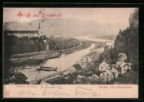 AK Tetschen-Bodenbach, Flusspartie mit Schloss Tetschen