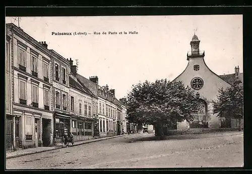 AK Puiseaux, Rue de Paris et la Halle