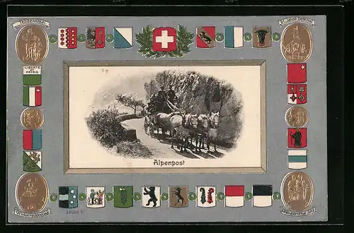 Passepartout-Lithographie Postkutsche der Alpenpost, Wappen