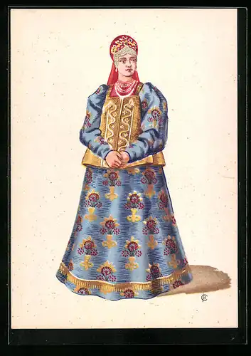 Künstler-AK Junge russische Frau in blauem volkstypischen Gewand