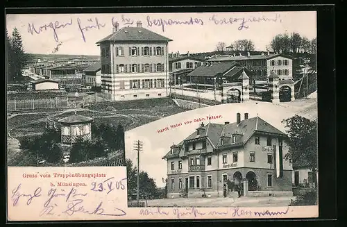 AK Münsingen, Truppenübungsplatz, Teilansicht und Hardt Hotel