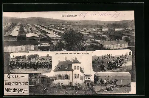 AK Münsingen, Truppenübungsplatz, Lager aus der Vogelschau, Soldaten und Cafe Plesdonat