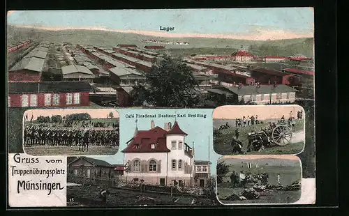 AK Münsingen, Truppenübungsplatz, Lager aus der Vogelschau, Kavallerie, Kanoniere, Cafe Plesdonat