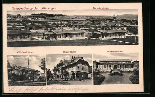 AK Münsingen, Truppenübungsplatz, Lager aus der Vogelschau, Offizierskasino, Hardt-Hotel